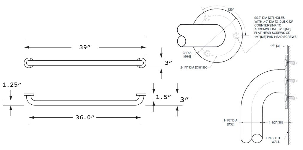 Measurement Diagram for ASI 10-3501-36P Grab Bar