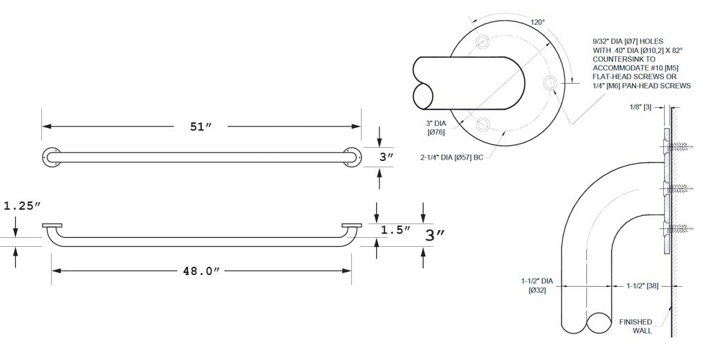 Measurement Diagram for ASI 10-3501-48P Grab Bar