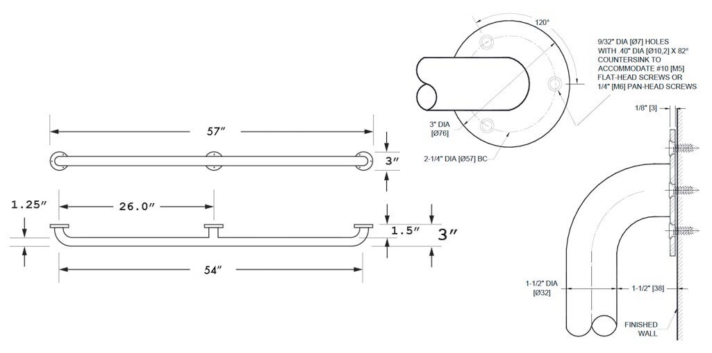 Measurement Diagram for ASI 10-3502-54P Grab Bar