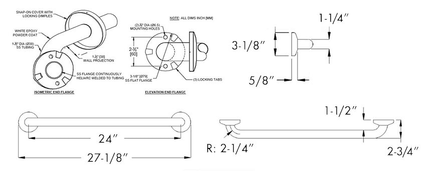 Measurement Diagram for ASI 10-3701-24P Grab Bar