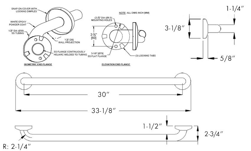 Measurement Diagram for ASI 10-3701-30 Grab Bar