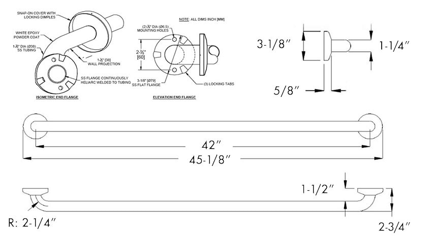 Measurement Diagram for ASI 10-3701-42P Grab Bar