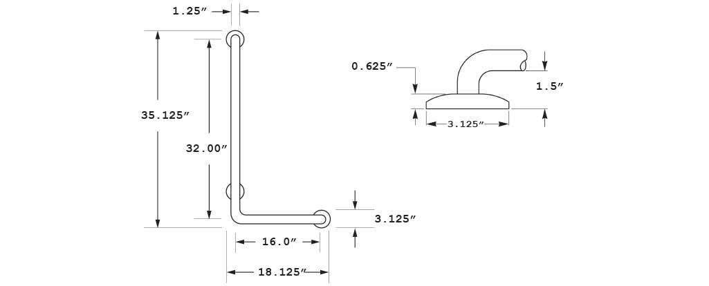 Measurement Diagram for ASI 10-3704-LP Grab Bar