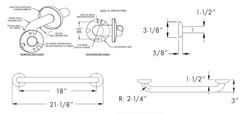 Measurement Diagram for ASI RRD10-3801-18AW Antimicrobial White Grab Bar