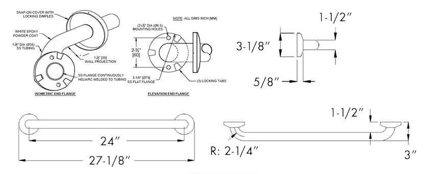 Measurement Diagram for ASI RRD10-3801-24-41 Black Grab Bar