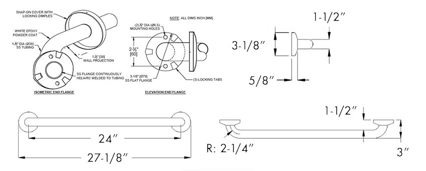 Measurement Diagram for ASI RRD10-3801-24AW Antimicrobial White Grab Bar