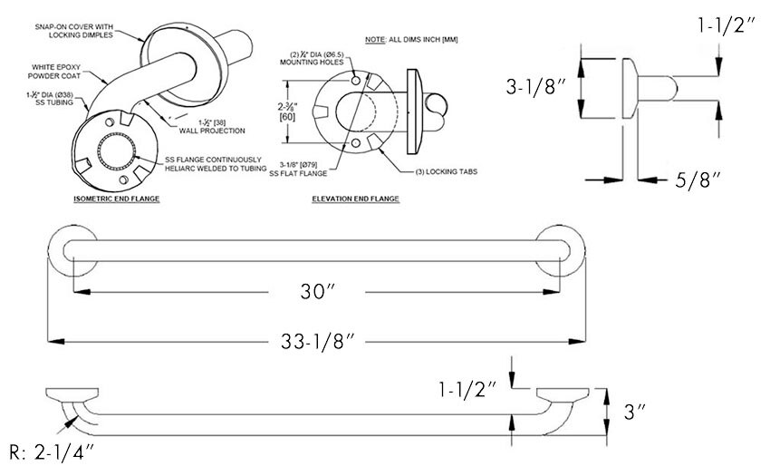 Measurement Diagram for ASI RRD10-3801-36AW Antimicrobial White Grab Bar