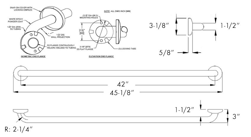 Measurement Diagram for ASI RRD10-3801-42-41 Black Grab Bar