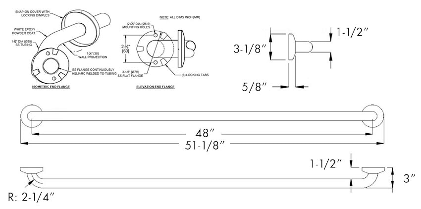 Measurement Diagram for ASI RRD10-3802-48AW Antimicrobial White Grab Bar