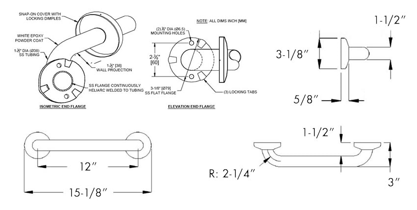 Measurement Diagram for ASI 10-3801-12P Grab Bar