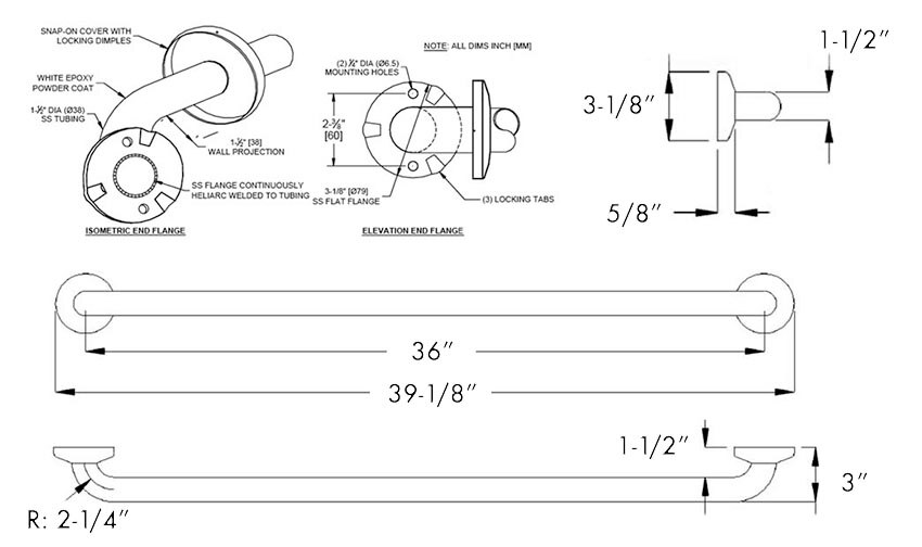 Measurement Diagram for ASI 10-3801-36 Grab Bar