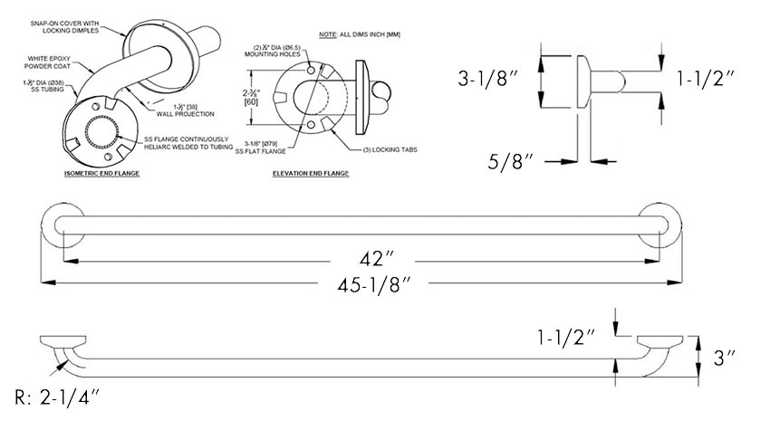 Measurement Diagram for ASI 10-3801-42 Grab Bar
