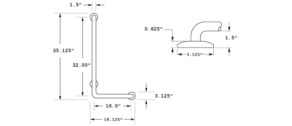Measurement Diagram for ASI 10-3804-LP Grab Bar