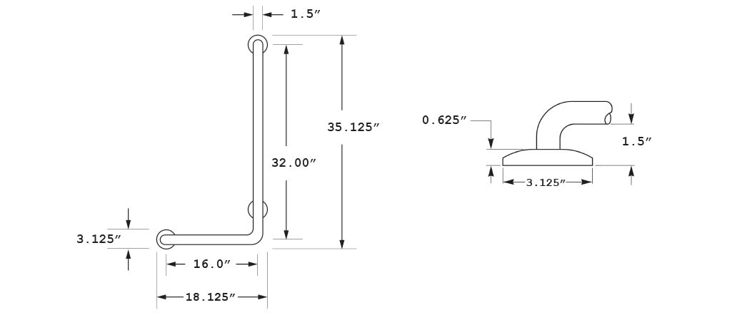 Measurement Diagram for ASI 10-3804-RP Grab Bar