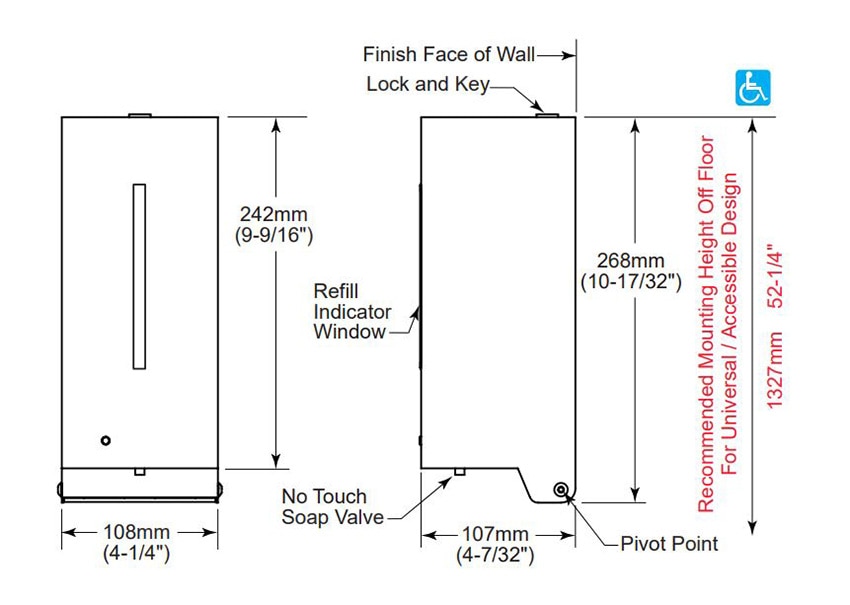 Measurements for Bobrick B-2013 Automatic Foam Commercial Soap Dispenser, Wall-Mounted - 27 oz.