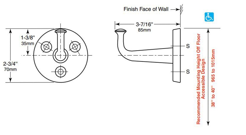 Measurements for Bobrick B-211 Heavy-Duty Restroom Clothes Hook, Exposed Mounting