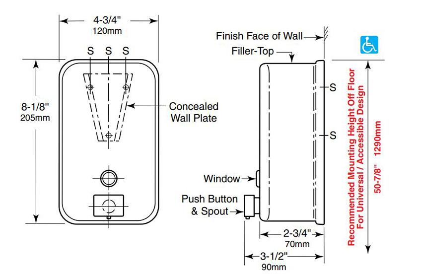 Measurements for Bobrick B-2111 Commercial Soap Dispenser, Stainless Steel, Surface Mount - 40 oz.