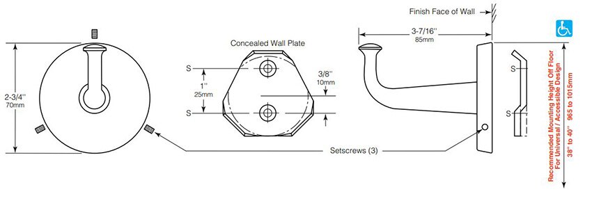 Measurements for Bobrick B-2116 Commercial Clothes & Robe Hook, Concealed Mounting