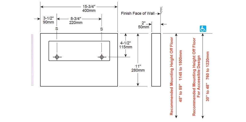 Measurements for Bobrick B-221 Stainless Steel Commercial Toilet Seat-Cover Dispenser