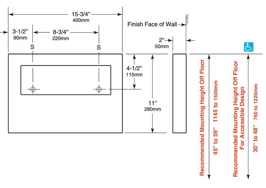 Measurements for Bobrick B-221 Stainless Steel Commercial Toilet Seat-Cover Dispenser