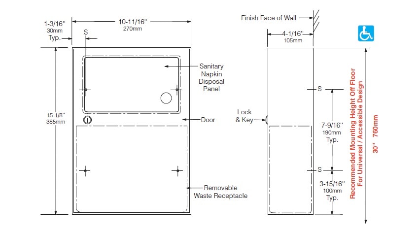 Measurements for Bobrick 254 Sanitary Napkin Disposal