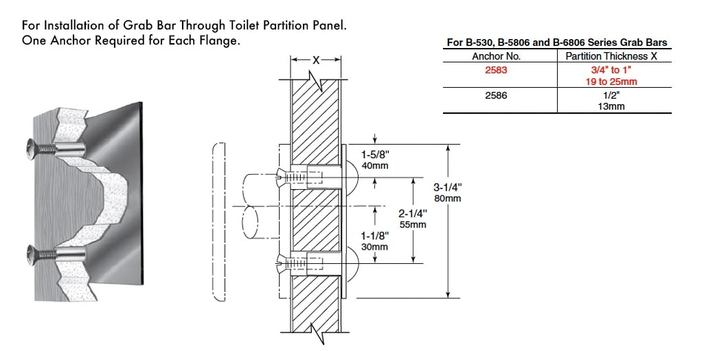 Measurement Diagram for Bobrick B-2583 Fastener for Partitions