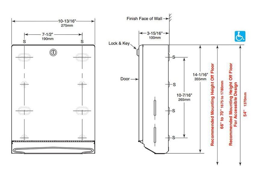 Measurements for Bobrick B-262 Commercial Paper Towel Dispenser, Multi-Fold & C-Fold