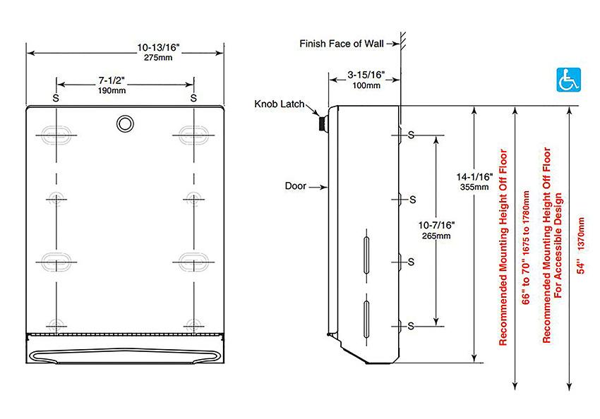 Measurements for Bobrick B-2620 Stainless Steel Paper Towel Dispenser, C-Fold, Multi-Fold