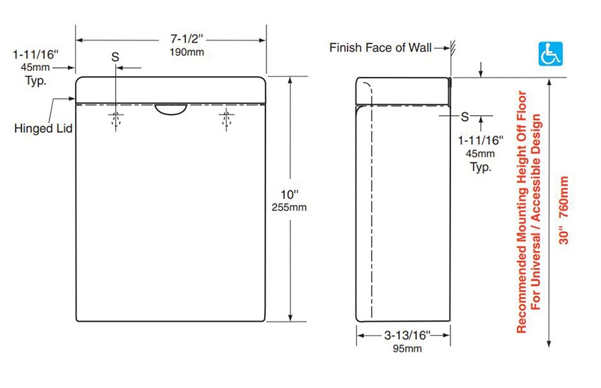 Measurements for Bobrick B-270 Surface-Mounted Sanitary Napkin Tampon Disposal