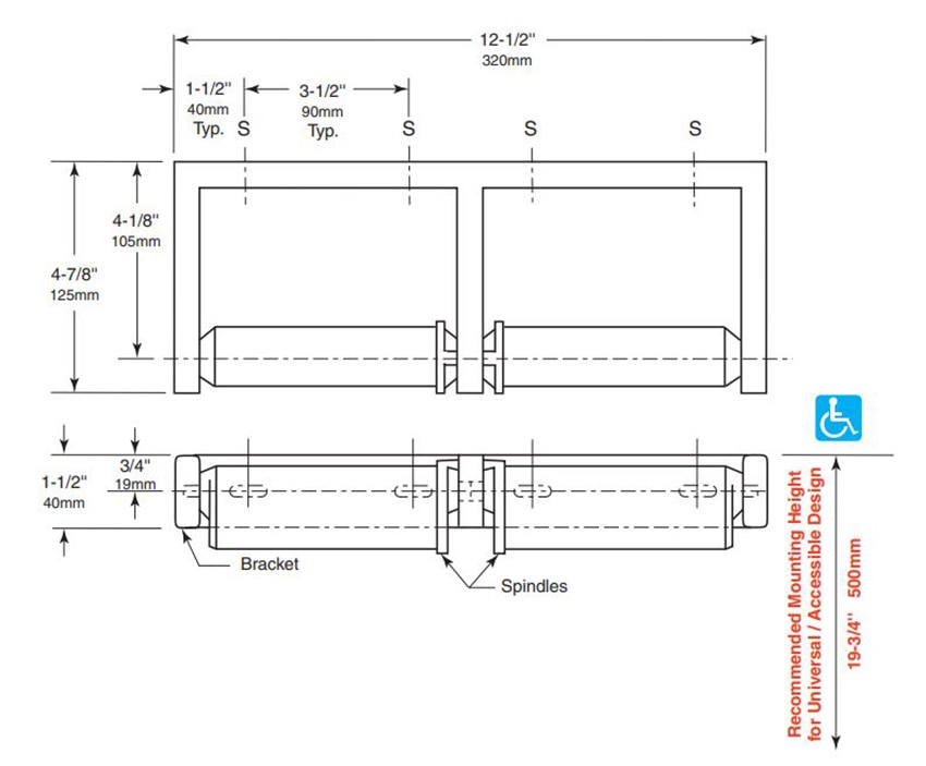 Measurements for Bobrick B-2740 Commercial Restroom Double-Roll Toilet Paper Dispenser