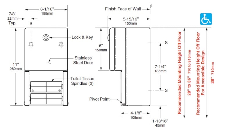 Measurements for Bobrick 2888 Toilet Tissue Dispenser