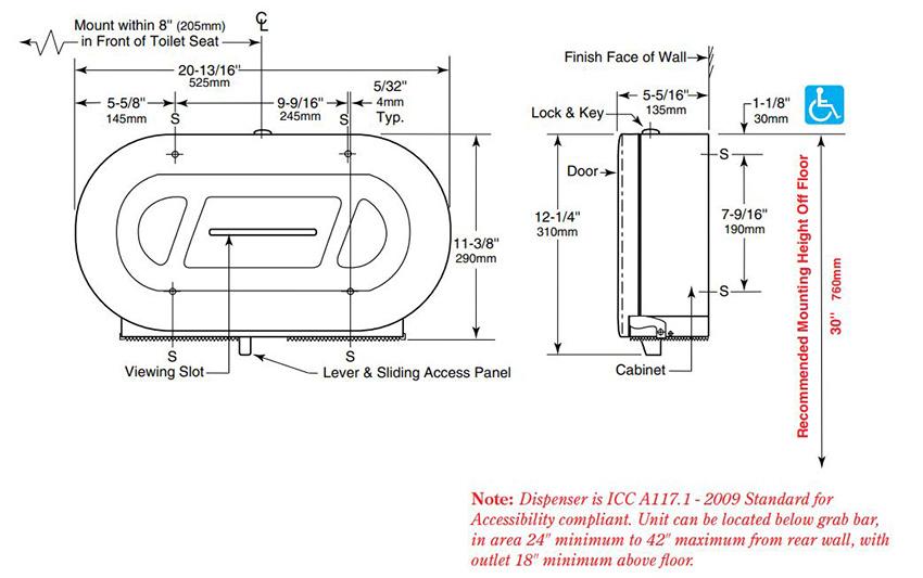 Measurements for Bobrick B-2892 Classic Series Jumbo-Roll Toilet Paper Dispenser, Twin