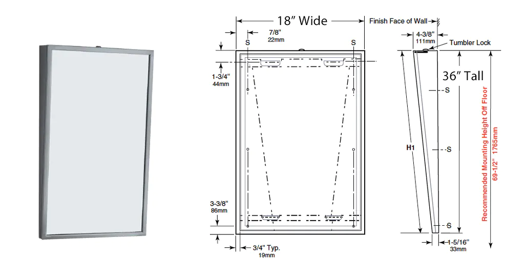 Measurement Diagram for Bobrick B-293-1836 ADA Commerical Stainless Steel Frame Mirror