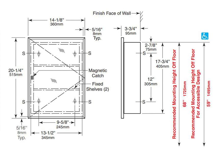 Measurements for Bobrick B-297 Surface-Mounted Mirrored Medicine Cabinet