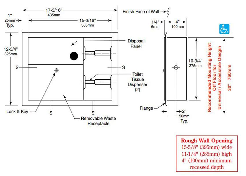 Measurements for Bobrick B-3094 Recessed Sanitary Napkin Disposal and Toilet Tissue Dispenser