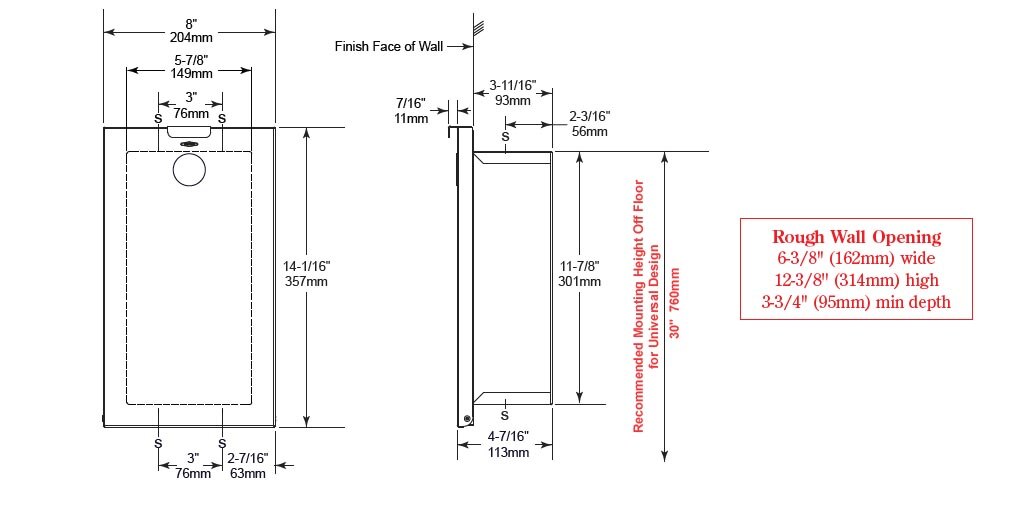 Dimensions for Bobrick B-3513 Sanitary Napkin Disposal