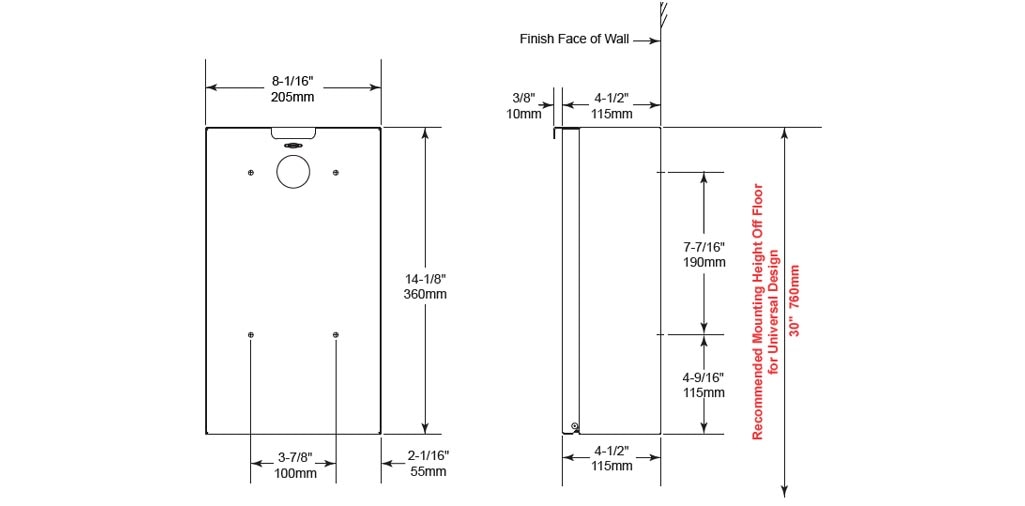 Dimensions for Bobrick B-35139 Sanitary Napkin Disposal