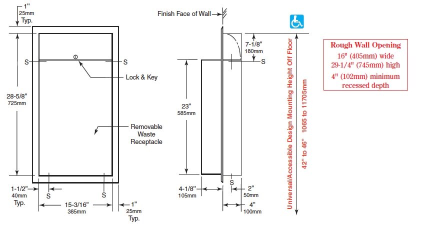 Measurements for Bobrick 3644 Waste Receptacle