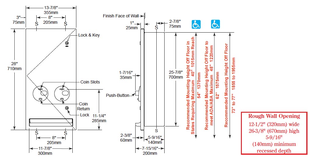 Dimensions for Bobrick B-37063.MBLK Tampon Vendor