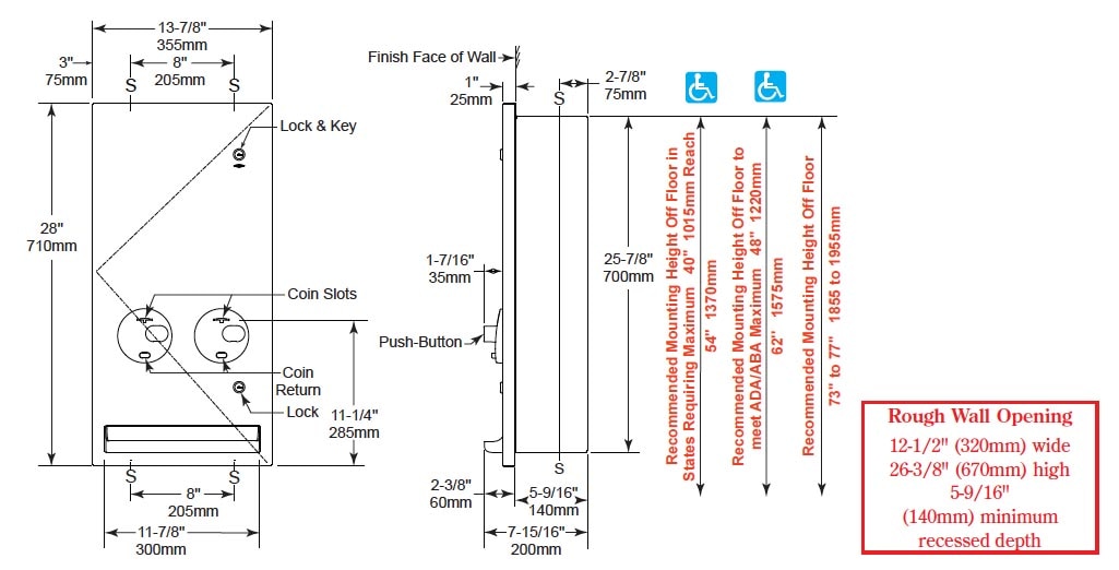 Dimensions for Bobrick B-37063.MBLK Tampon Vendor