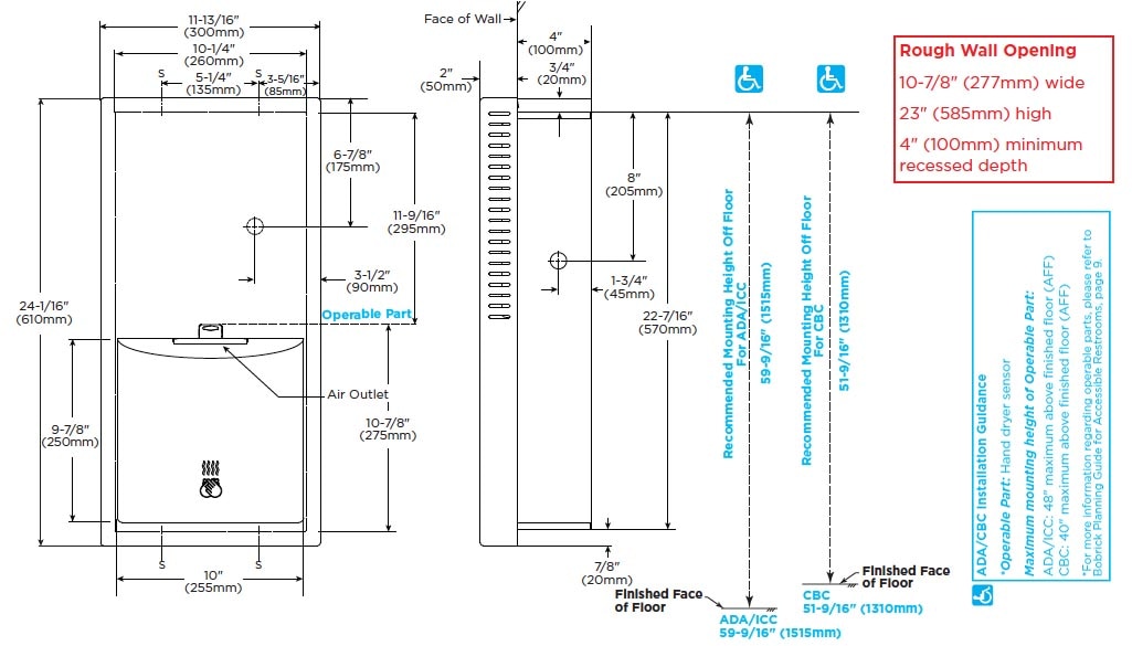 Dimensions for Bobrick B-3725.MBLK Hand Dryer