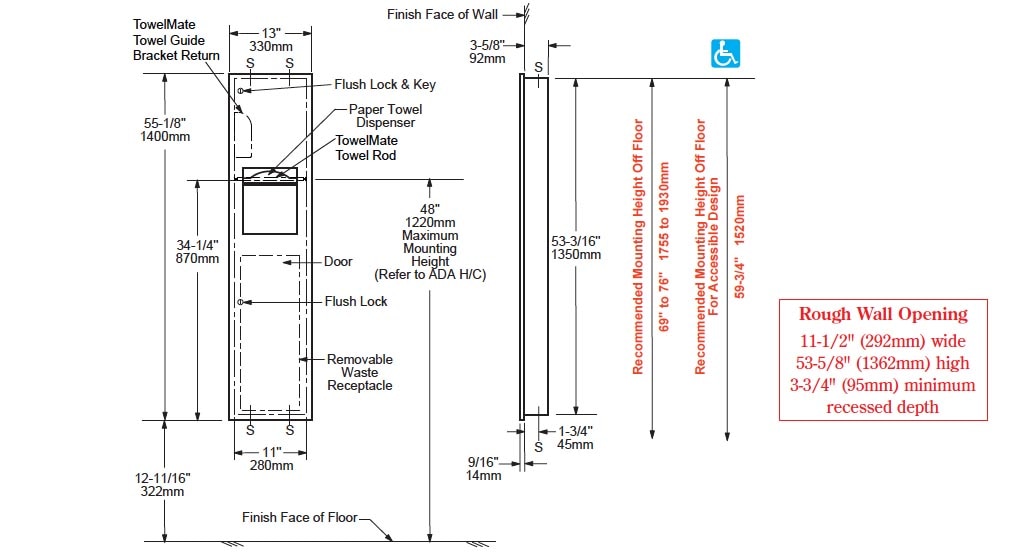 Dimensions for Bobrick B-38034.MBLK Paper Towel Dispenser