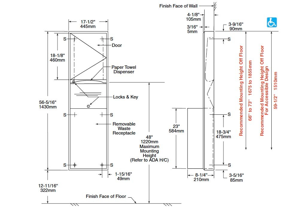 Measurement Diagram for Bobrick B-3949 Paper Towel Dispenser