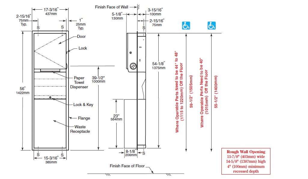 Measurement Diagram for Bobrick B-39617 Paper Towel Dispenser