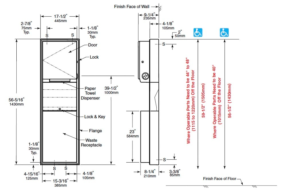 Measurement Diagram for Bobrick B-39619 Paper Towel Dispenser