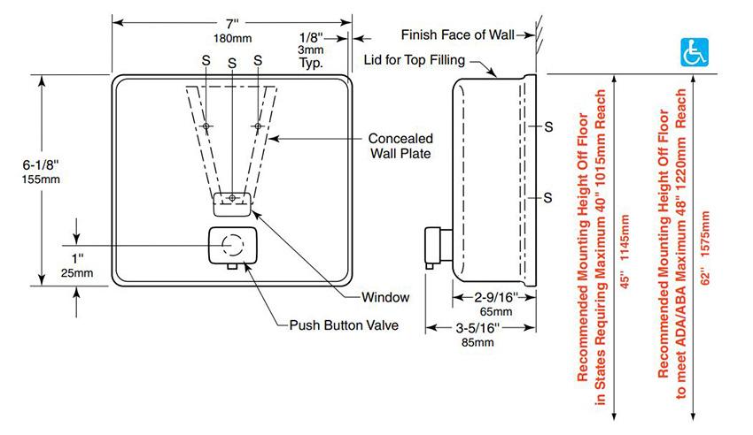 Measurements for Bobrick B-4112 Contura Series Stainless Steel Soap Dispenser - 40 oz.