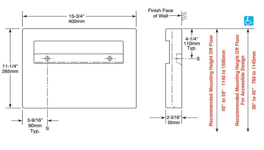 Measurements for Bobrick B-4221 Commercial Stainless Steel Toilet Seat Cover Dispenser