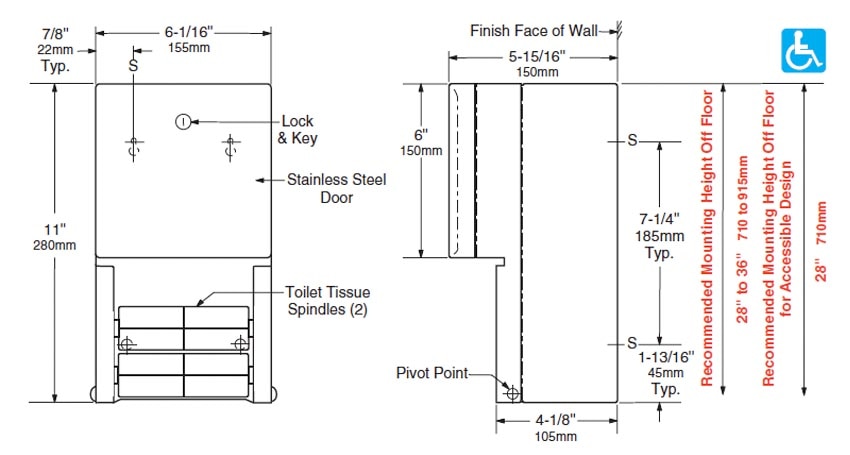 Measurements for Bobrick 4288 Toilet Tissue Holder