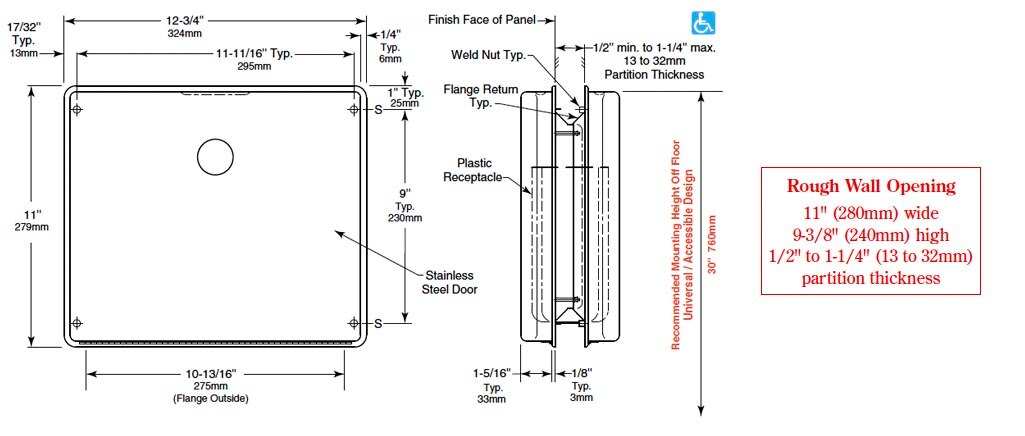 Measurement Diagram for Bobrick B-4354 Sanitary Napkin Disposal