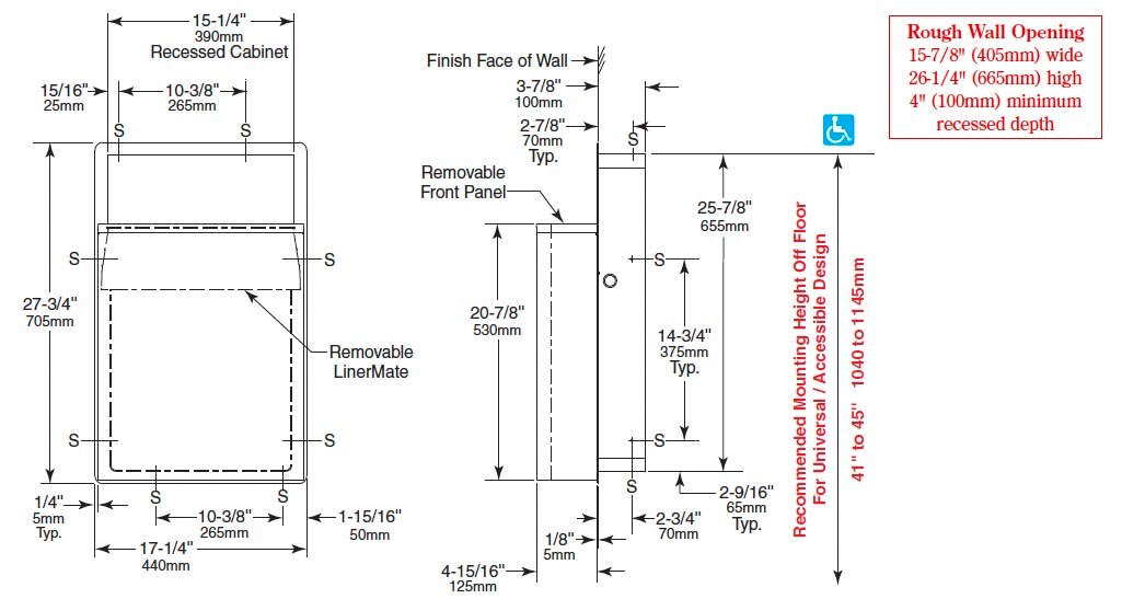 Measurement Diagram for Bobrick B-43644 Waste Receptacle